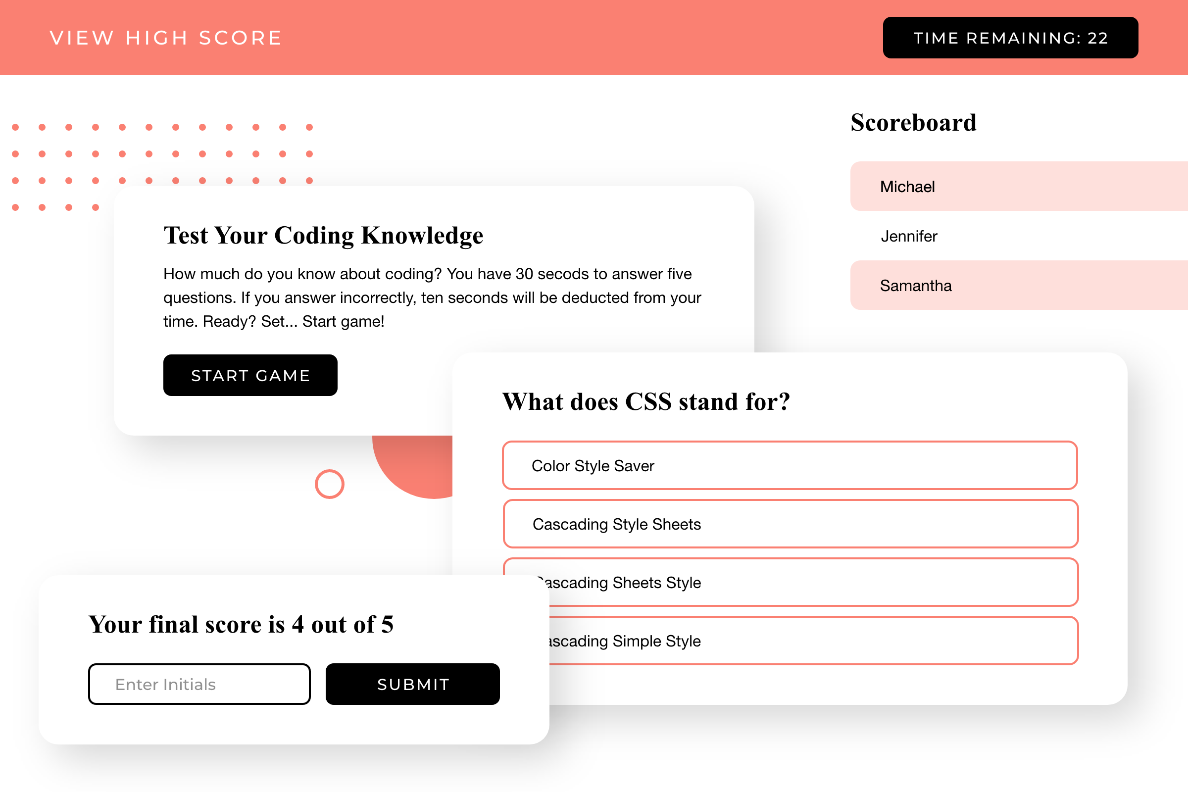 Snapshots of sections of the quiz application.