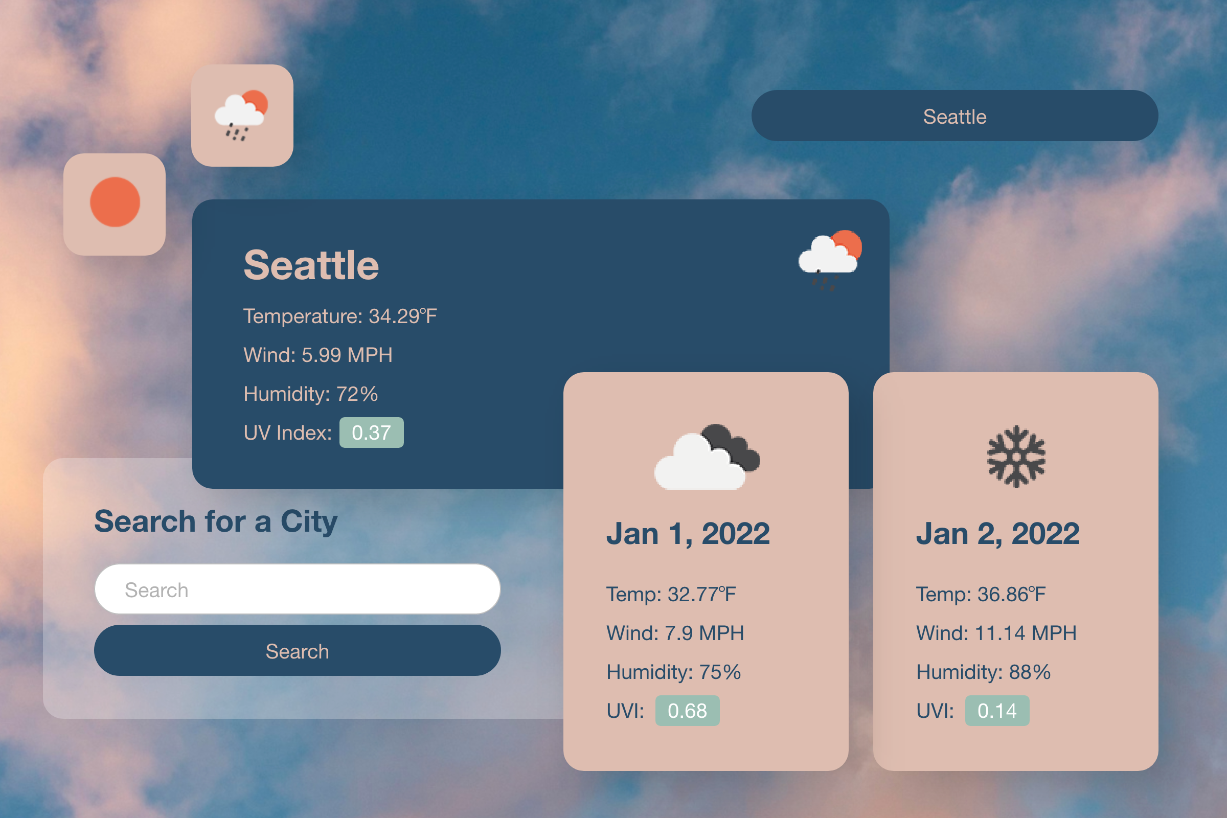 Snapshots of sections of the weather application.